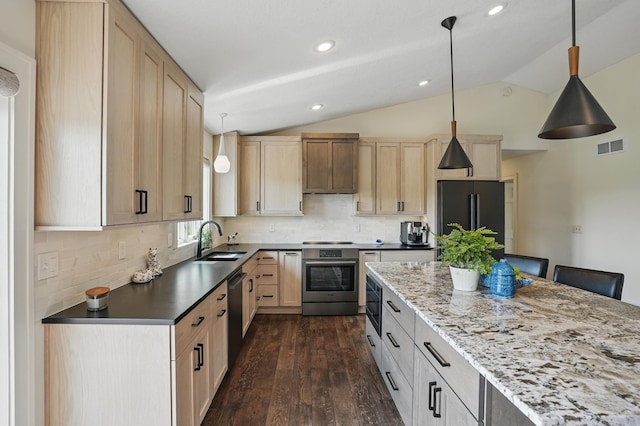 27901 Teale Ave, New Prague, MN 56071 - kitchen with a sink, stainless steel appliances, light brown cabinets, vaulted ceiling, and recessed lighting