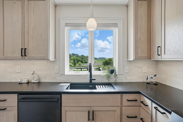27901 Teale Ave, New Prague, MN 56071 - kitchen featuring dishwasher, a sink, dark countertops, backsplash, and healthy amount of natural light