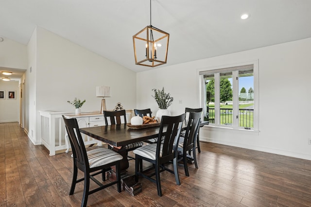 27901 Teale Ave, New Prague, MN 56071 - dining room with lofted ceiling, dark wood-style flooring, a chandelier, recessed lighting, and baseboards