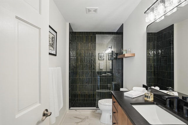 27901 Teale Ave, New Prague, MN 56071 - bathroom with toilet, marble look tile flooring, vanity, and a shower stall