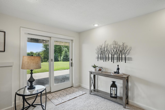 27901 Teale Ave, New Prague, MN 56071 - doorway to outside with carpet floors, baseboards, and a textured ceiling