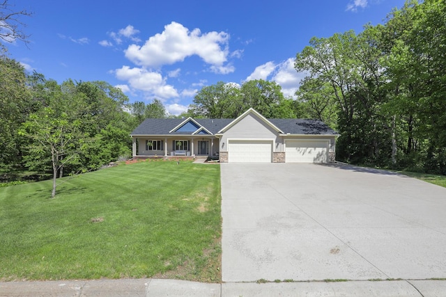 19611 Flamingo St NW, Oak Grove, MN 55011 - view of front of property featuring an attached garage, covered porch, a front lawn, driveway, and stone siding