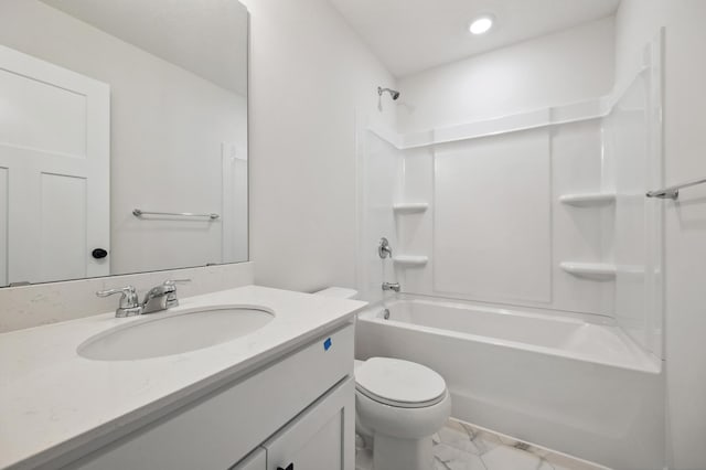 bathroom featuring toilet, recessed lighting, washtub / shower combination, and vanity