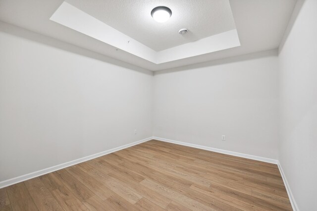 empty room with baseboards, a raised ceiling, and light wood-style floors