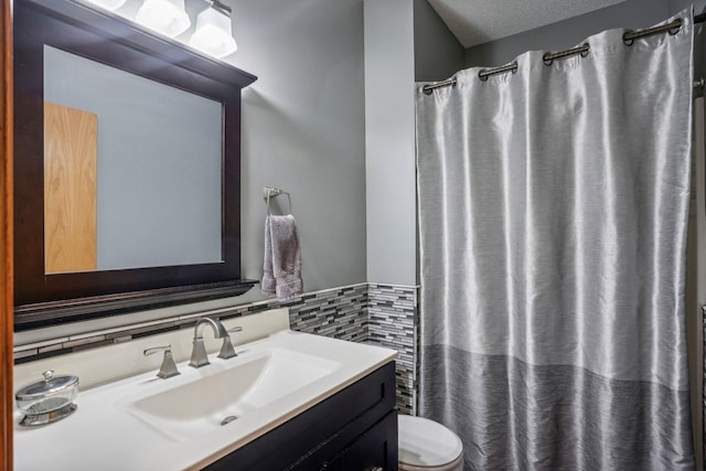 6875 148th Ln NW, Ramsey, MN 55303 - full bathroom featuring vanity, tile walls, toilet, curtained shower, and a wainscoted wall