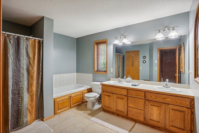 6875 148th Ln NW, Ramsey, MN 55303 - full bathroom with a garden tub, double vanity, toilet, a shower with shower curtain, and a textured ceiling