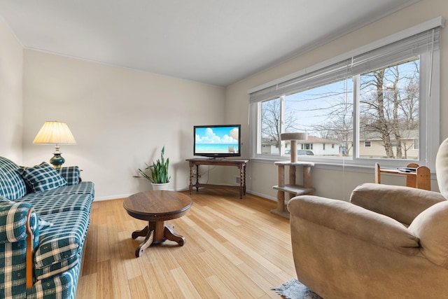 living area with crown molding, a wealth of natural light, wood finished floors, and baseboards