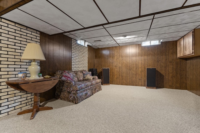 living area featuring wooden walls and carpet