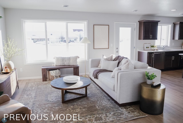 living area featuring baseboards and wood finished floors