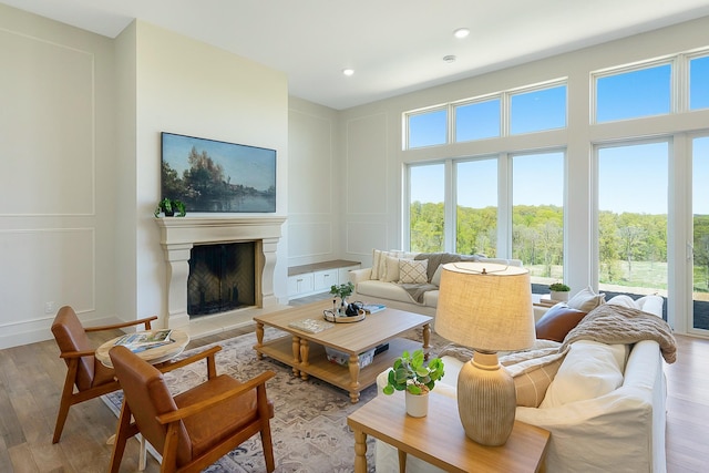 38525 Northstar Dr, Cushing, MN 56443 - living room with plenty of natural light, a fireplace with raised hearth, light wood-style flooring, and a decorative wall