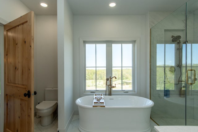 38525 Northstar Dr, Cushing, MN 56443 - bathroom featuring toilet, recessed lighting, a shower stall, baseboards, and a soaking tub