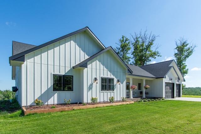 38525 Northstar Dr, Cushing, MN 56443 - modern inspired farmhouse with a garage, board and batten siding, concrete driveway, and a front lawn