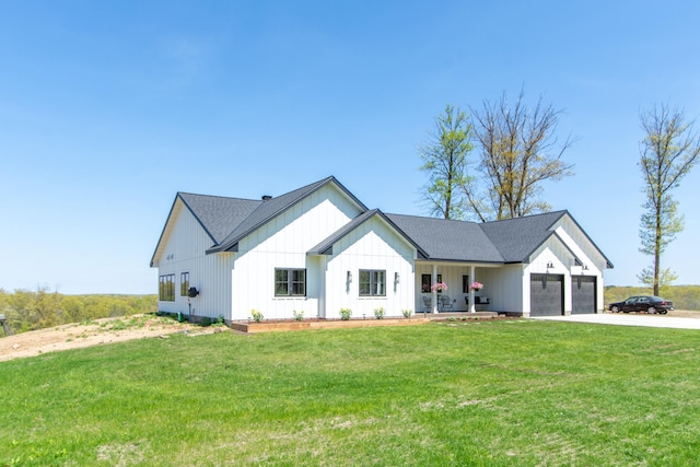 38525 Northstar Dr, Cushing, MN 56443 - modern farmhouse with board and batten siding, concrete driveway, an attached garage, a front yard, and roof with shingles