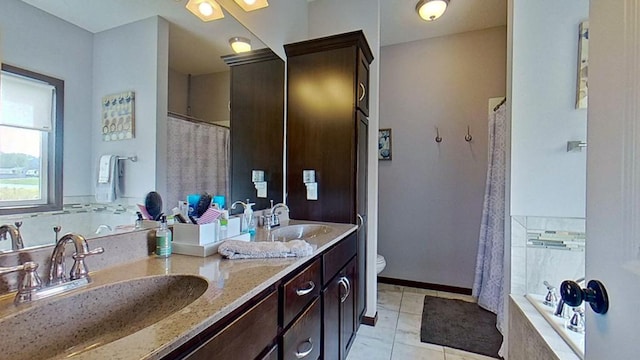 26336 Newton Ave, Chisago City, MN 55013 - bathroom with tile patterned flooring, a shower with curtain, a sink, and toilet