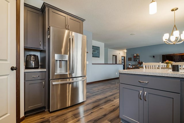 26336 Newton Ave, Chisago City, MN 55013 - kitchen featuring dark wood-style flooring, gray cabinets, and stainless steel refrigerator with ice dispenser