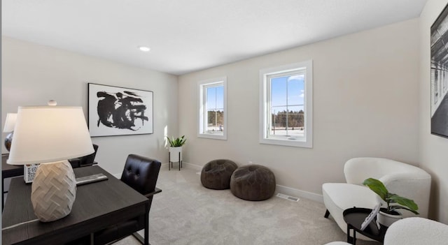 office area with baseboards, carpet, and visible vents