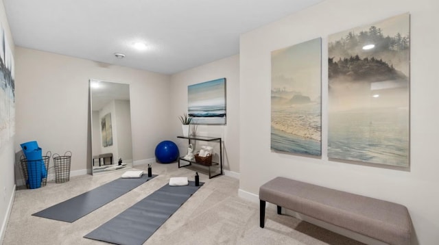 exercise room with baseboards and carpet