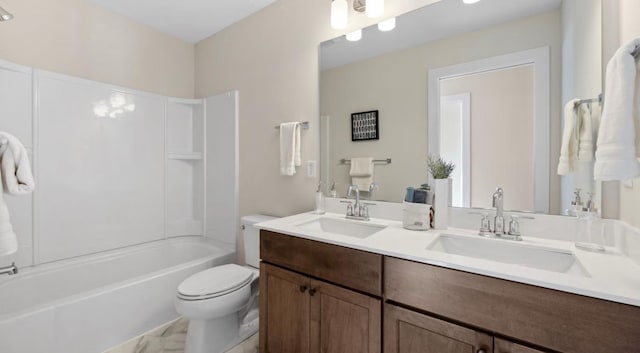 full bath with a sink, toilet, double vanity, and tub / shower combination