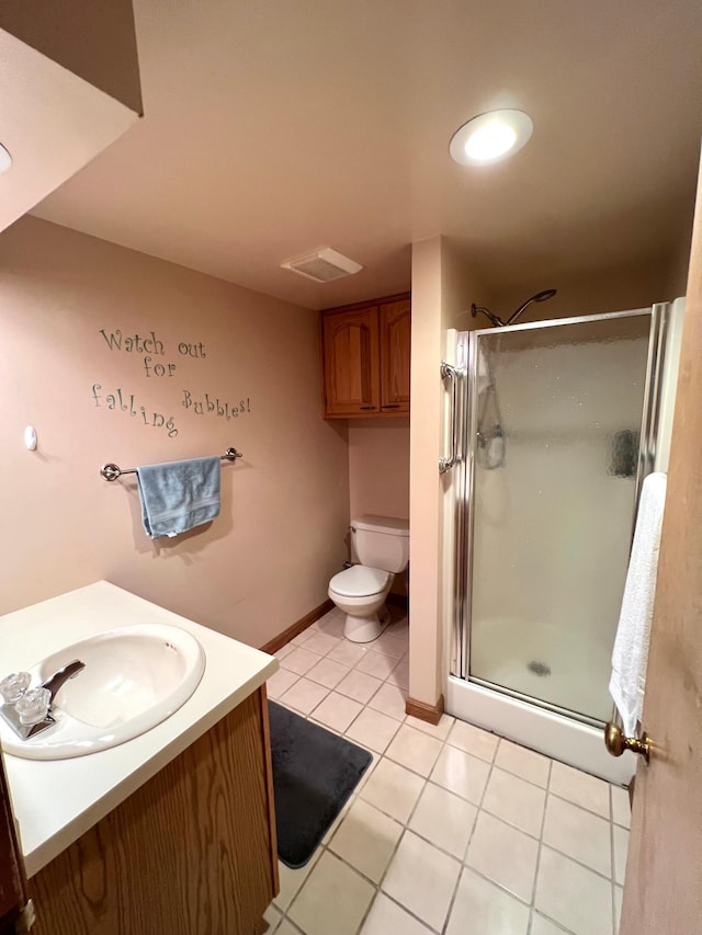 full bath with visible vents, toilet, tile patterned floors, vanity, and a stall shower