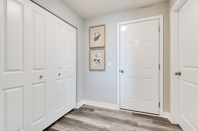 entryway with baseboards and wood finished floors