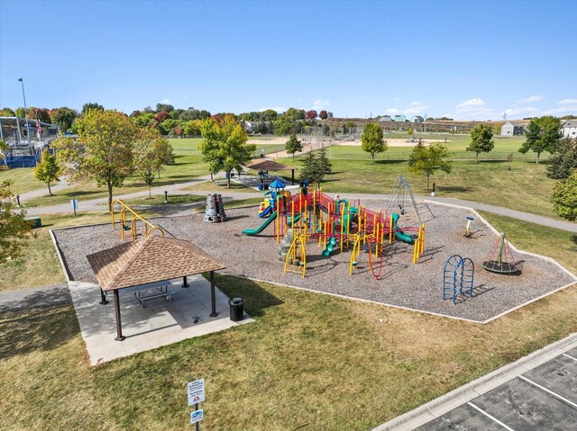 community playground with a lawn and a gazebo
