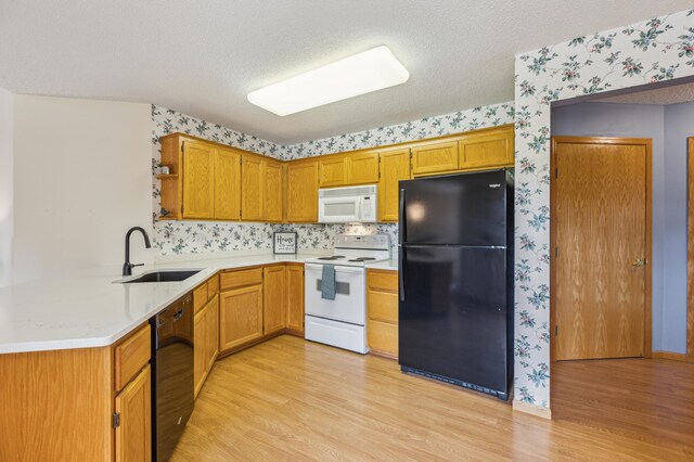 14 3rd St NW, Saint Michael, MN 55376 - kitchen with black appliances, a sink, wallpapered walls, light wood-type flooring, and light countertops