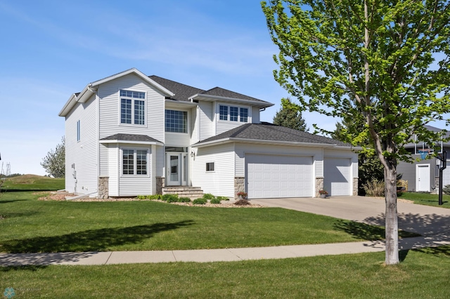 traditional-style house with driveway, an attached garage, a front yard, and stone siding