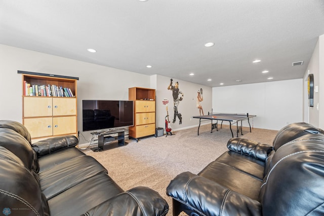 living area with carpet floors, recessed lighting, and baseboards