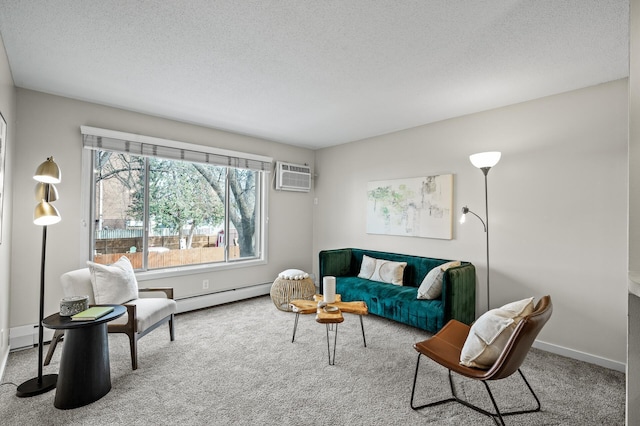 3729 Snelling Ave Unit 203, Minneapolis, MN 55406 - living room with carpet floors, a textured ceiling, a wall unit AC, and baseboard heating