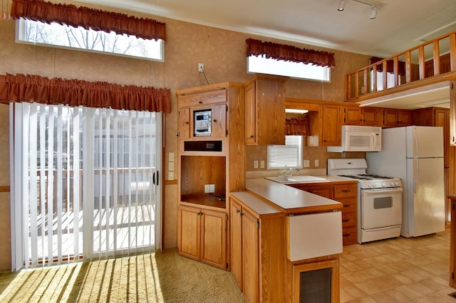 18096 Browns Lake Rd # 17, Richmond, MN 56368 - kitchen featuring light countertops, a healthy amount of sunlight, white appliances, a sink, and a peninsula