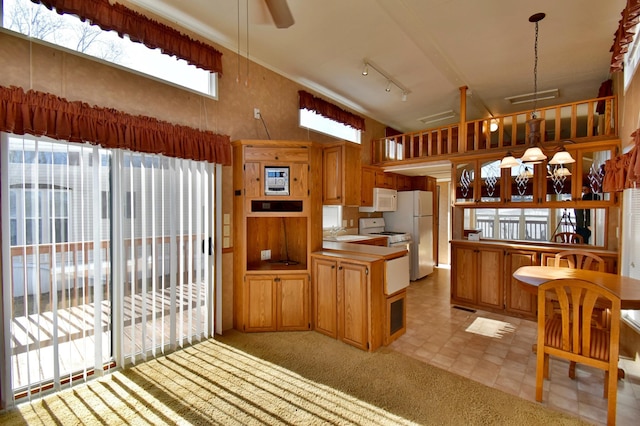 18096 Browns Lake Rd # 17, Richmond, MN 56368 - kitchen with a peninsula, white appliances, rail lighting, ceiling fan, and a sink