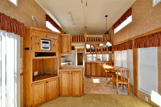 18096 Browns Lake Rd # 17, Richmond, MN 56368 - kitchen with decorative light fixtures, white appliances, light carpet, a peninsula, and track lighting