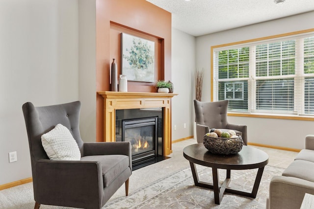 9512 Scott Ln N, Brooklyn Park, MN 55443 - sitting room with carpet floors, a fireplace with flush hearth, baseboards, and a textured ceiling
