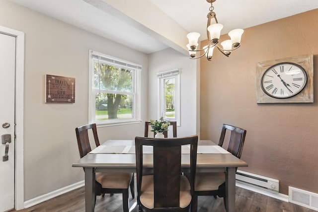 dining area with a baseboard radiator, a chandelier, dark wood-style floors, and baseboards