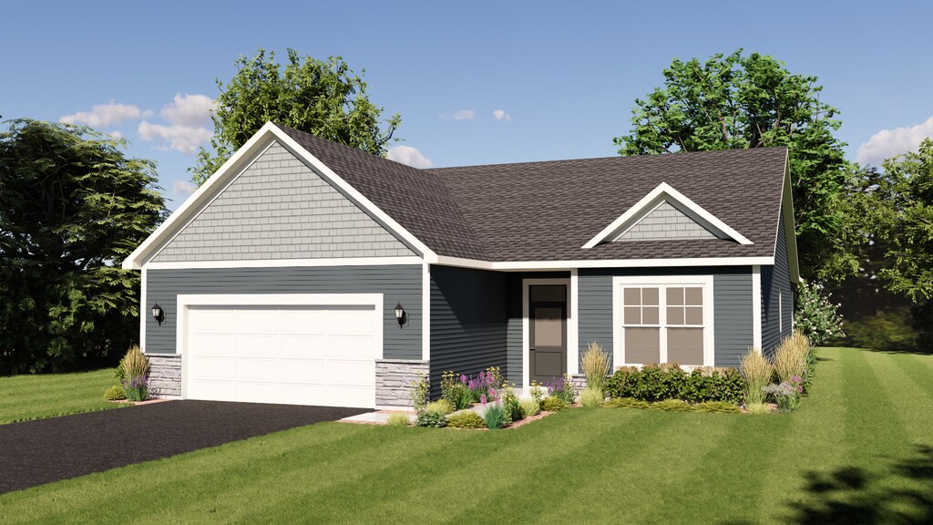 9147 62nd St S, Cottage Grove, MN 55016 - craftsman-style house featuring a garage, a front yard, asphalt driveway, stone siding, and a shingled roof