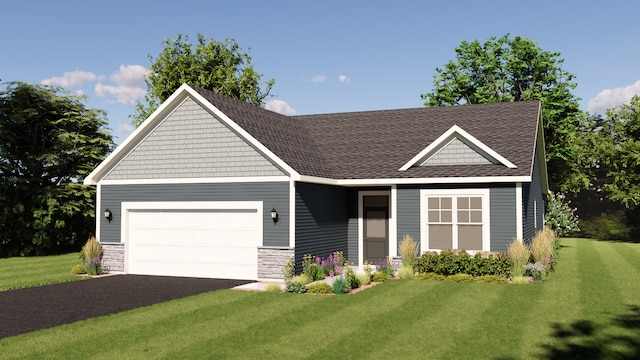 9147 62nd St S, Cottage Grove, MN 55016 - craftsman-style house featuring a garage, a front yard, asphalt driveway, stone siding, and a shingled roof