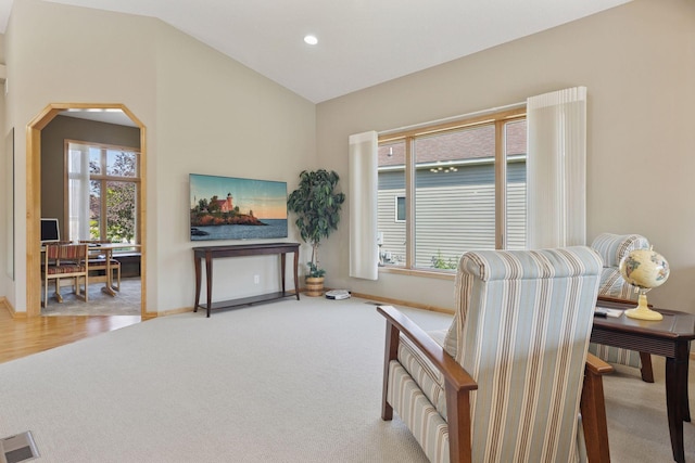 11871 Flanders Cir NE, Blaine, MN 55449 - living room with carpet, arched walkways, lofted ceiling, and recessed lighting