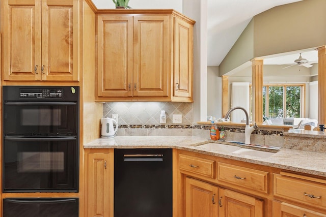 11871 Flanders Cir NE, Blaine, MN 55449 - kitchen featuring black appliances, a warming drawer, tasteful backsplash, light stone countertops, and a ceiling fan