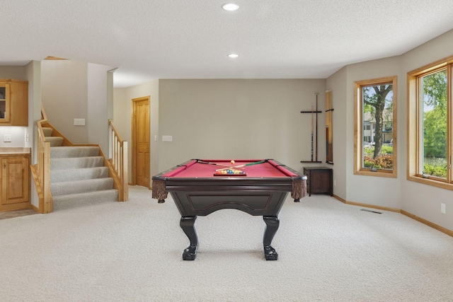 11871 Flanders Cir NE, Blaine, MN 55449 - playroom featuring light carpet, billiards table, recessed lighting, and a textured ceiling