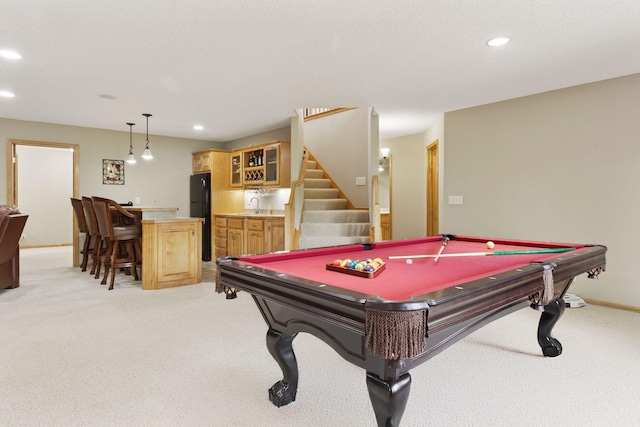 11871 Flanders Cir NE, Blaine, MN 55449 - rec room featuring wet bar, light carpet, pool table, and recessed lighting