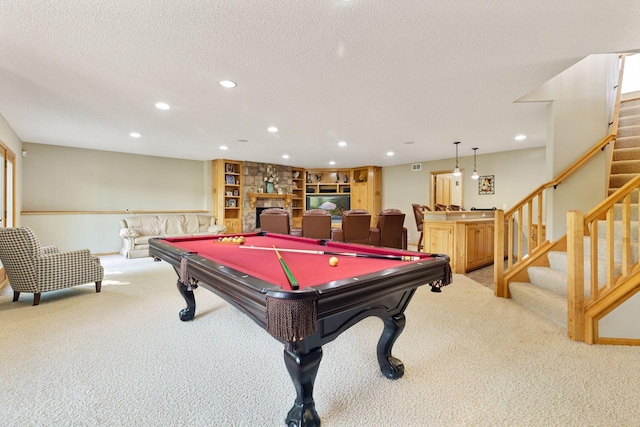 11871 Flanders Cir NE, Blaine, MN 55449 - game room featuring carpet floors, bar, recessed lighting, billiards table, and a textured ceiling