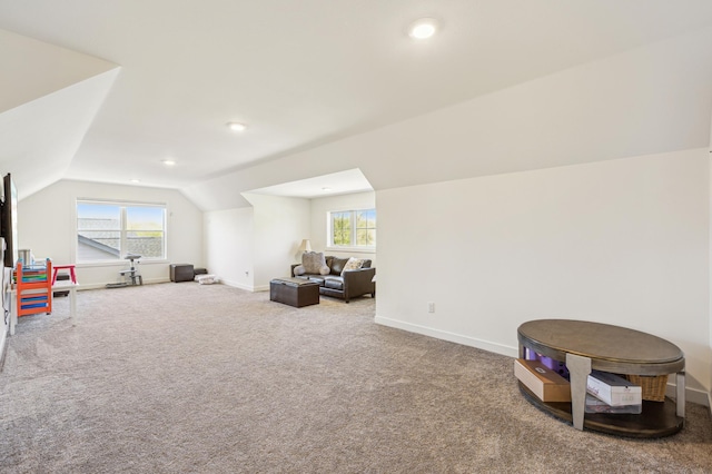 3344 26th Ave S, Saint Cloud, MN 56301 - playroom with lofted ceiling, baseboards, carpet, and recessed lighting