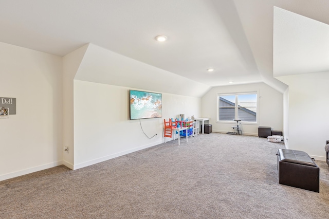 3344 26th Ave S, Saint Cloud, MN 56301 - playroom featuring carpet flooring, vaulted ceiling, baseboards, and recessed lighting
