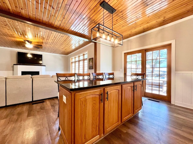 2543 Sunny Meadow Ln, Red Wing, MN 55066 - kitchen with wood ceiling, dark wood-style flooring, healthy amount of natural light, dark countertops, and a wainscoted wall