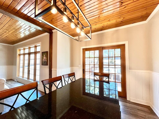 2543 Sunny Meadow Ln, Red Wing, MN 55066 - unfurnished dining area with wooden ceiling, crown molding, wainscoting, plenty of natural light, and wood finished floors