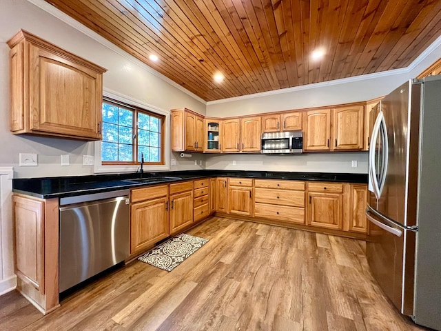 2543 Sunny Meadow Ln, Red Wing, MN 55066 - kitchen featuring appliances with stainless steel finishes, a sink, crown molding, light wood-style flooring, and wood ceiling