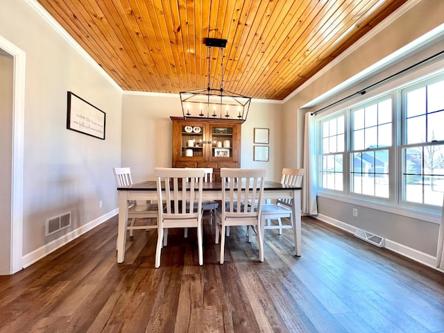 2543 Sunny Meadow Ln, Red Wing, MN 55066 - dining room with crown molding, wood ceiling, a chandelier, baseboards, and dark wood-type flooring
