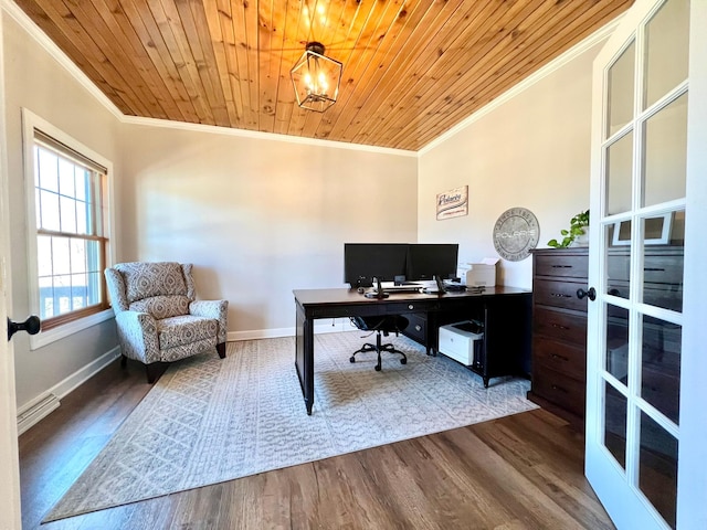 2543 Sunny Meadow Ln, Red Wing, MN 55066 - office with ornamental molding, wood ceiling, baseboards, wood finished floors, and french doors