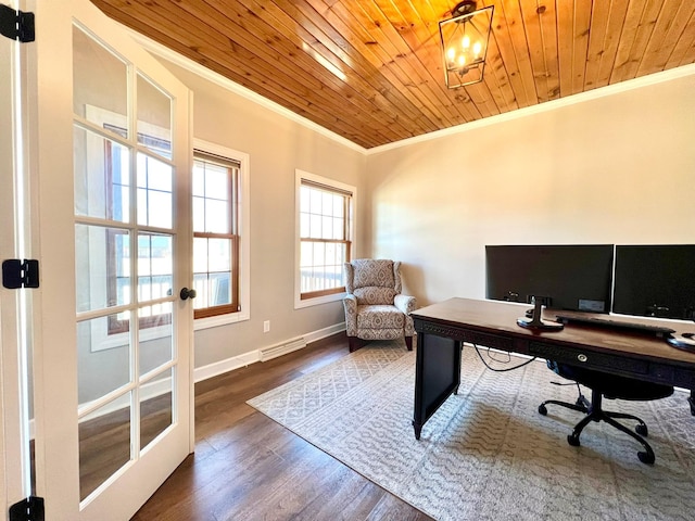2543 Sunny Meadow Ln, Red Wing, MN 55066 - office space with ornamental molding, wooden ceiling, baseboards, and wood finished floors