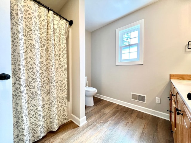 2543 Sunny Meadow Ln, Red Wing, MN 55066 - full bathroom featuring wood finished floors, toilet, baseboards, vanity, and curtained shower